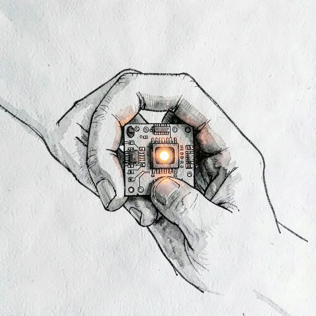 Pen-and-ink hand cradling a small circuit board, the LED lit in a tiny dot of wa