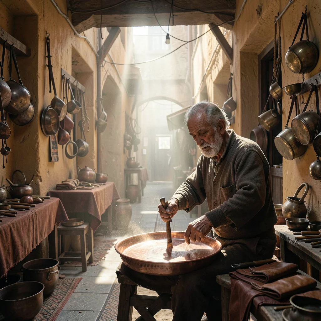 Fes medina light penetration, souk depth, elderly craftsman hammering copper tra