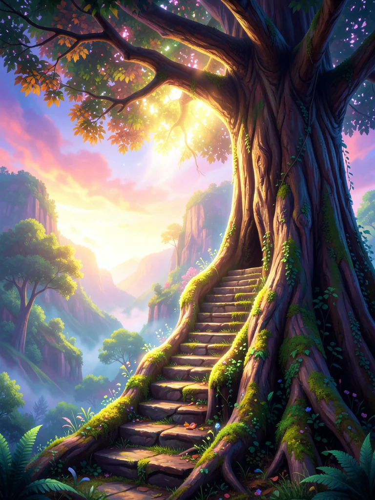 Staircase carved into the side of a colossal tree trunk, leading up to a glowing