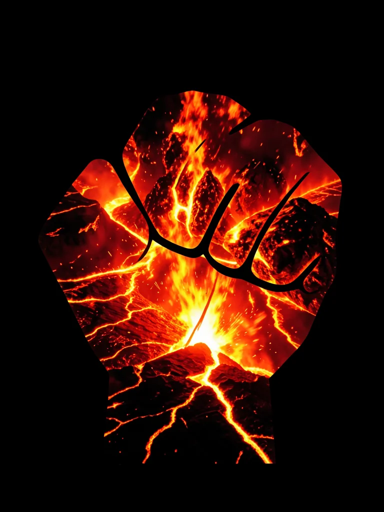 Angry fist silhouette filled with volcanic eruption and lava, double exposure