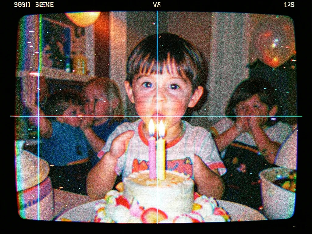 A birthday party with a child blowing out candles, frozen mid-breath with tracki