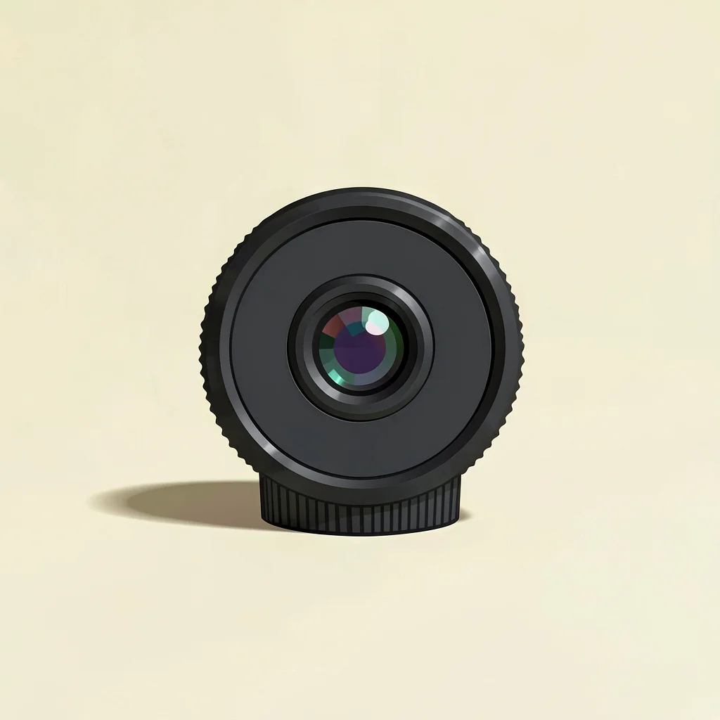 Color-block portrait of a single prime lens on butter-yellow seamless, even soft
