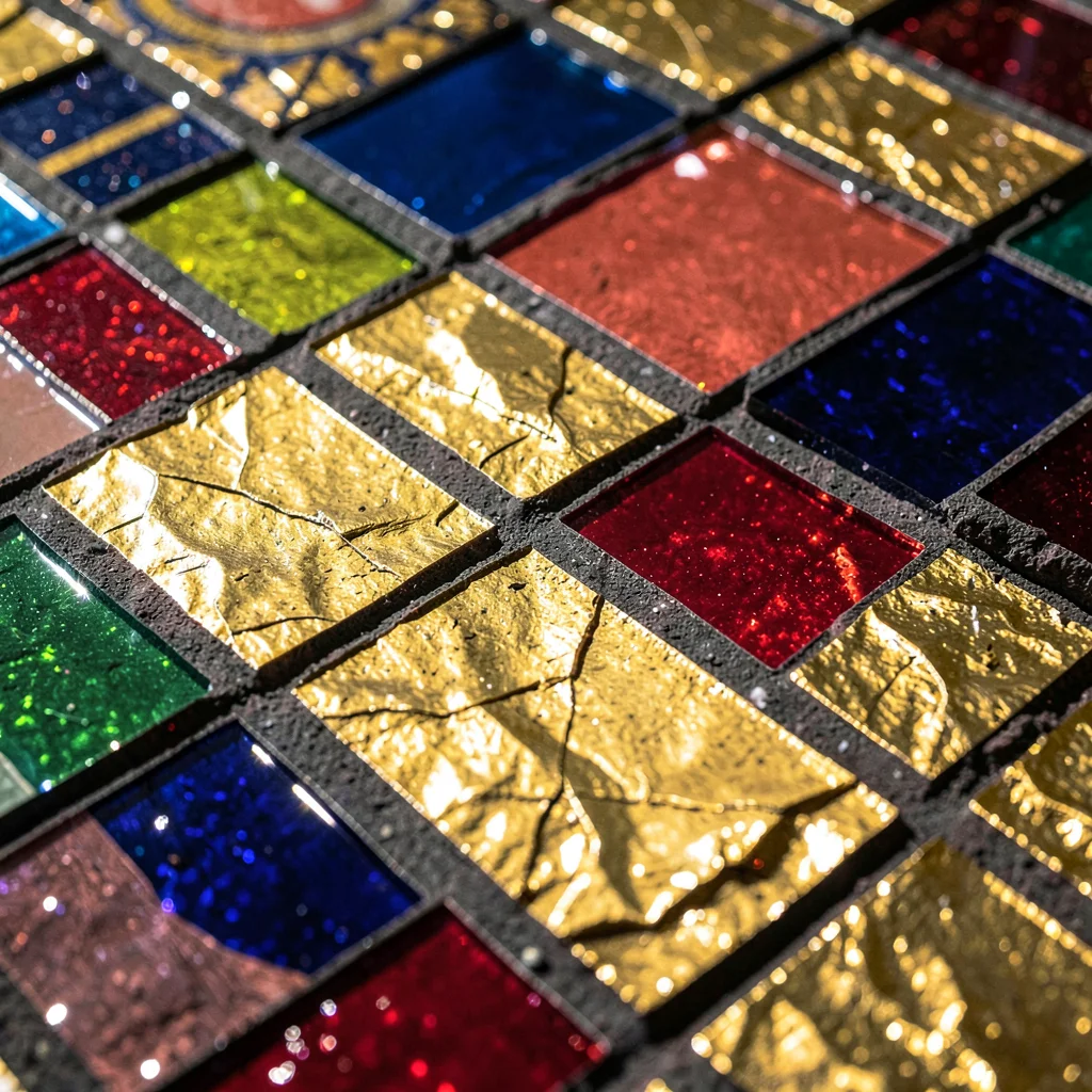 Close-up of grout lines between glass tesserae — the dark grid dividing vivid co