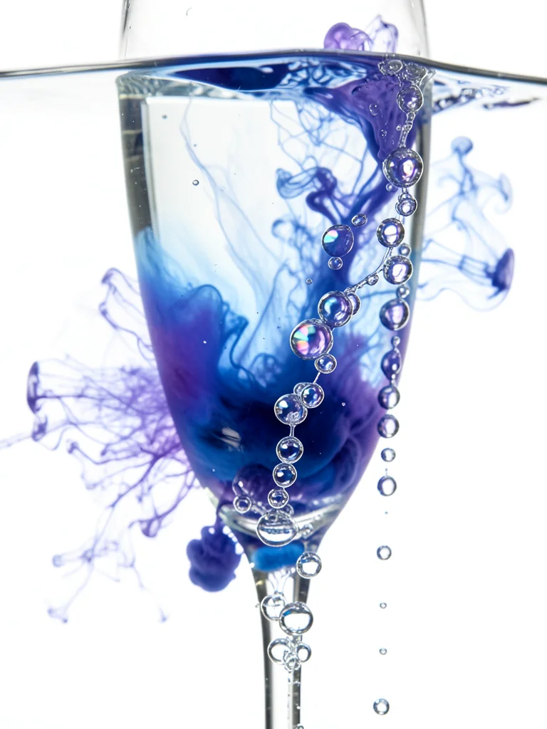 Close-up of champagne glass with ascending bubble chains, each bubble catching p