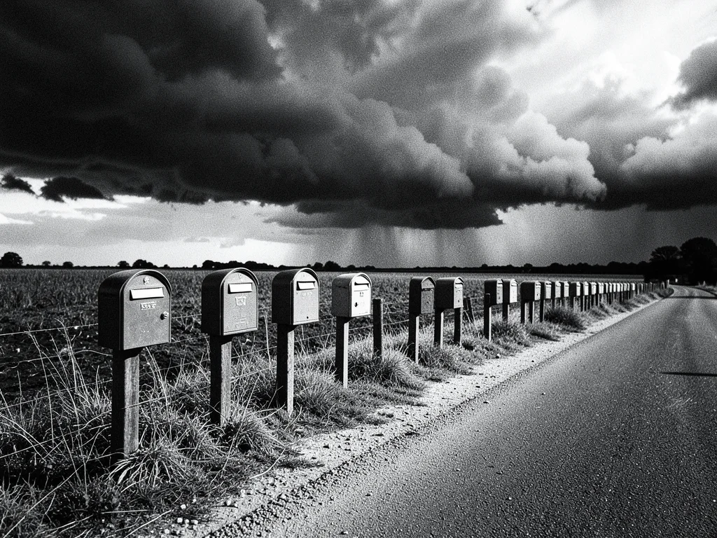 A row of mailboxes on a rural road, each at a slightly different angle, storm cl