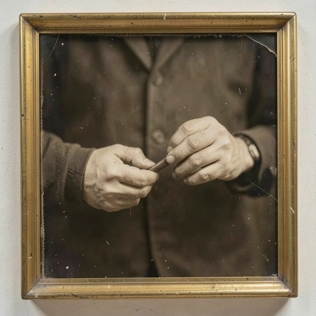 Hands only — craftsperson's hands around a simple tool, ambrotype grain, dark gr