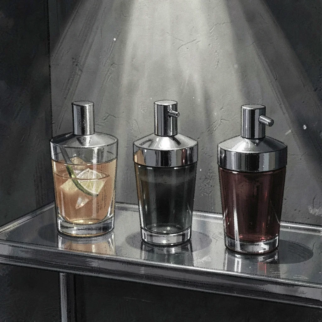 Atmospheric charcoal of a row of cocktail shakers on a chrome shelf, dim spotlig
