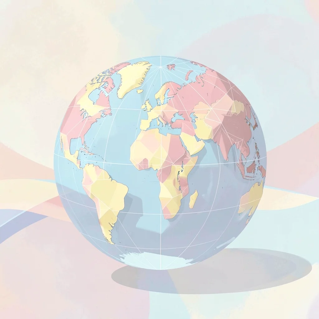 Spherical faceted lowpoly globe in dusty pink and butter yellow continents, sky-