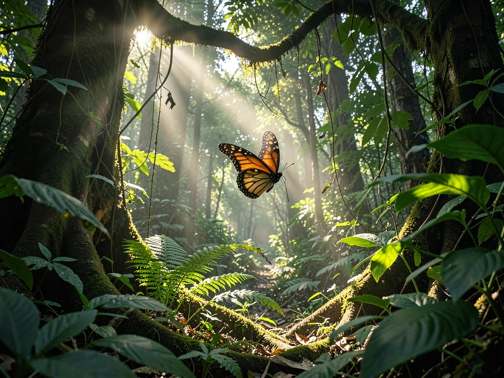 Butterfly wing catching light in gap clearing