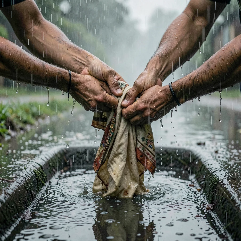 Monsoon season photograph, heavy rain atmosphere, Hands wringing out a soaked du