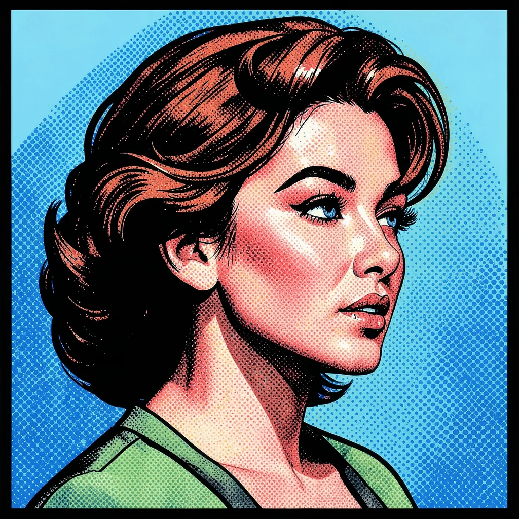 Halftone dot illustration, woman with styled hair profile , Ben-Day dots, pop ar