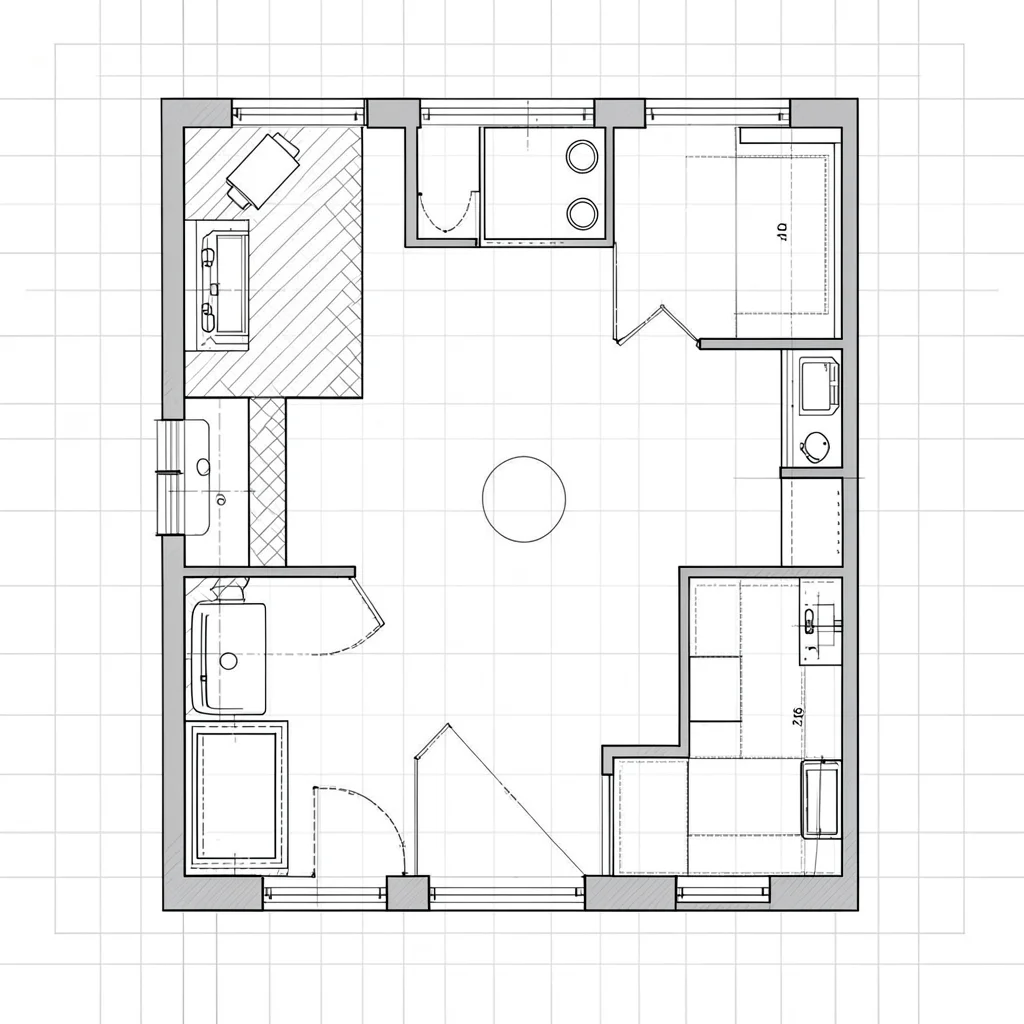 Blueprint-style top-down floorplan showing feeder placement in a kitchen, faint 