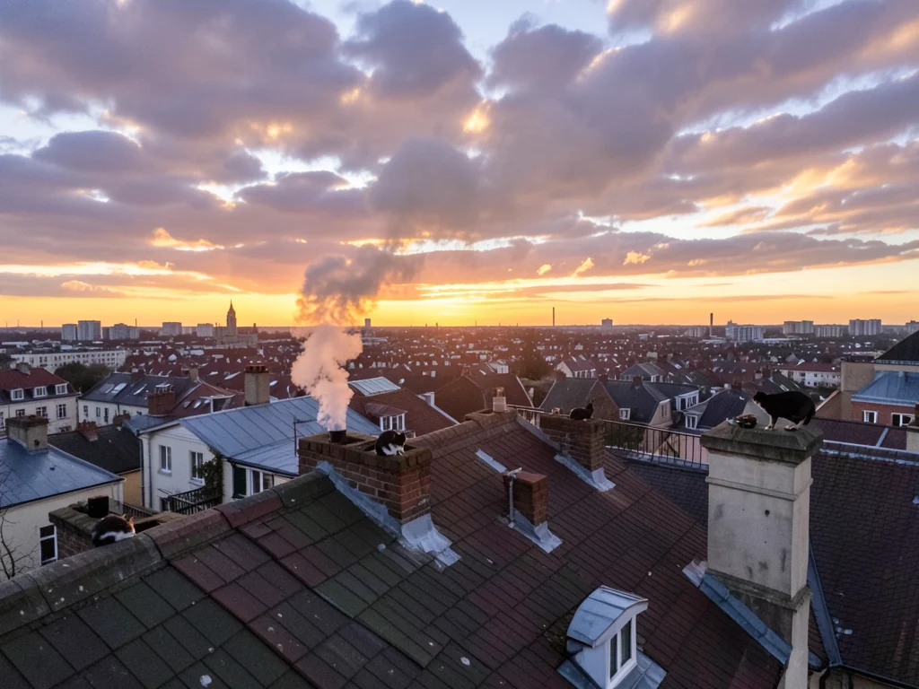 Rooftop view of town, chimney smoke, cats on rooftops, sunset clouds