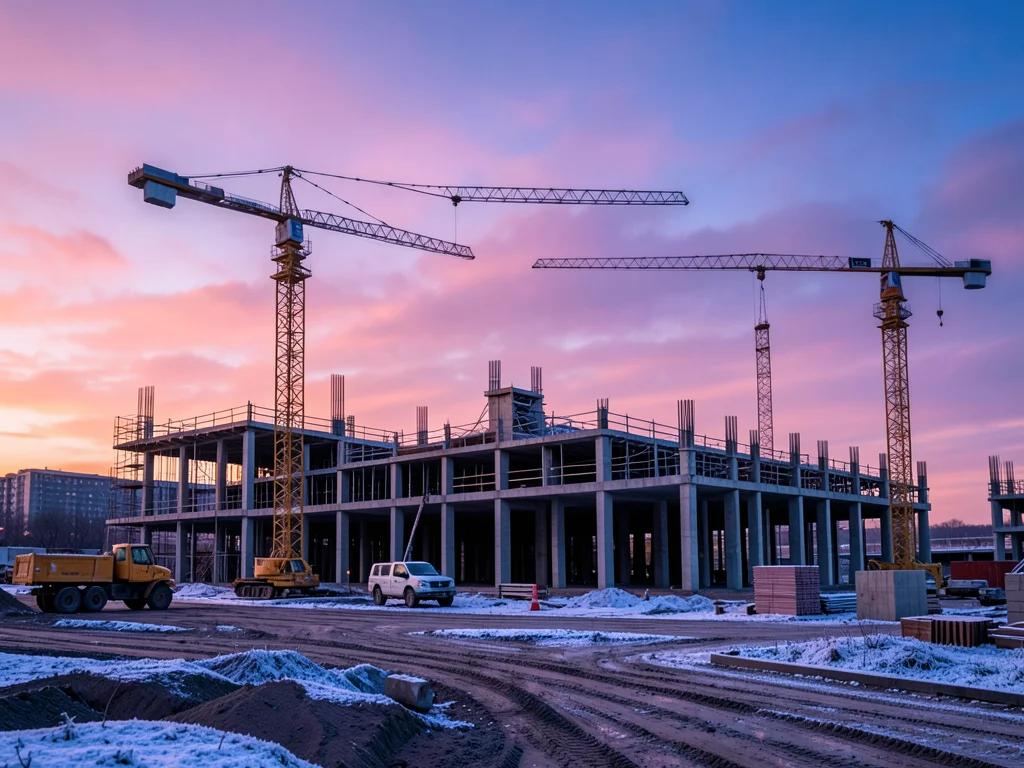 A building site at dawn before work starts: silent cranes, still equipment, fros