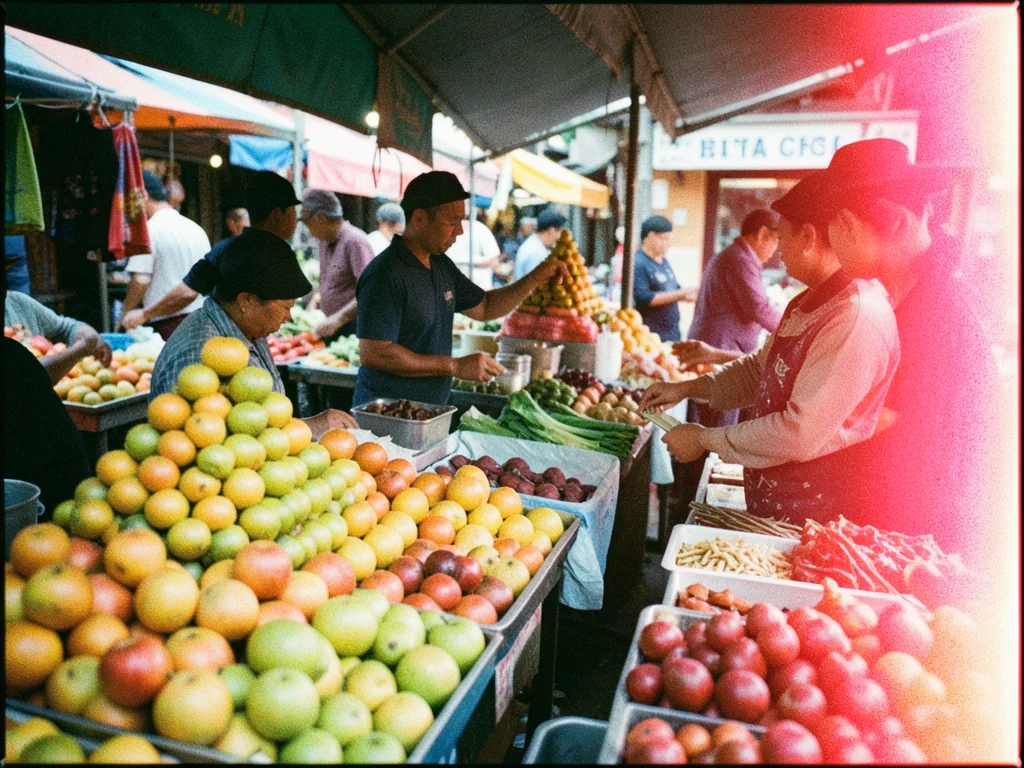 Market stalls with pyramids of fruit, a vendor making change, light leak bleedin