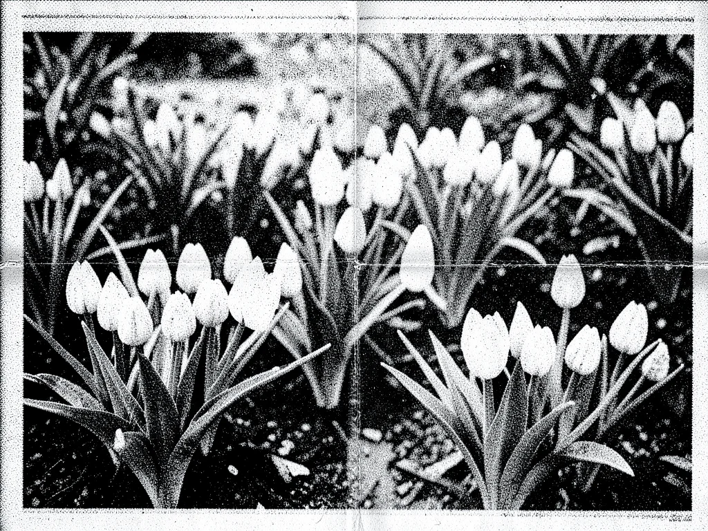 Faded xerox of garden catalog page, spring bulbs barely visible through noise