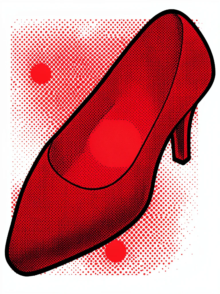 High-heeled shoe close-up, flat red with halftone shading, white ground