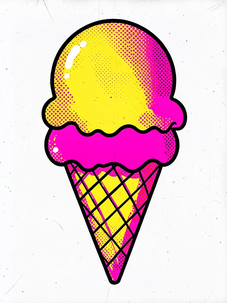 Ice cream cone with a single large scoop, flat yellow and pink, heavy outlines