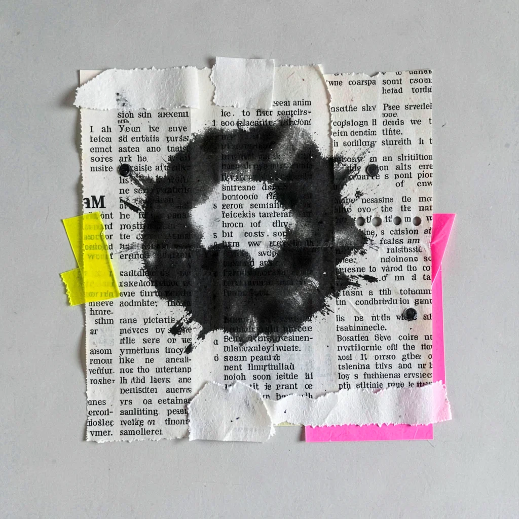 Collage of overlapping newsprint clippings and a single ink blot, soft daylight