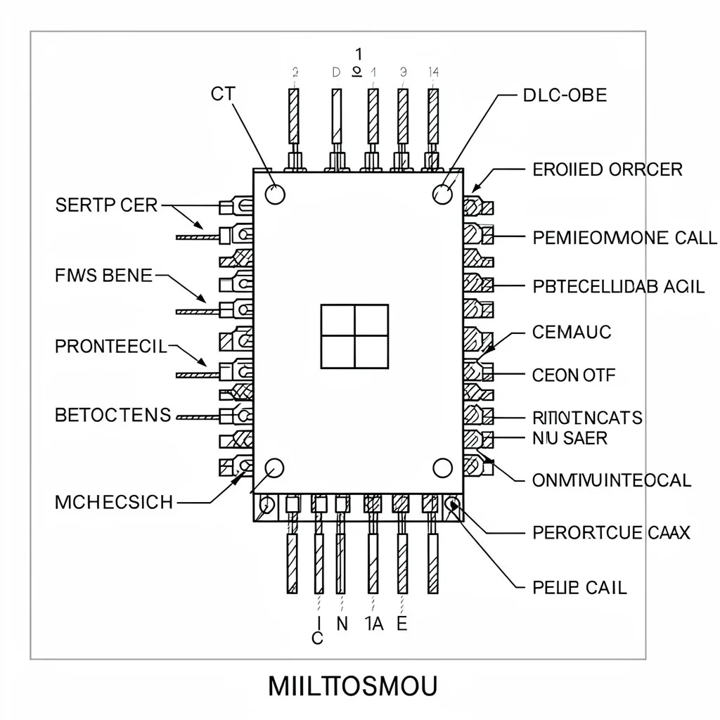 Blueprint study of a microcontroller pinout with peripheral callouts, technical 