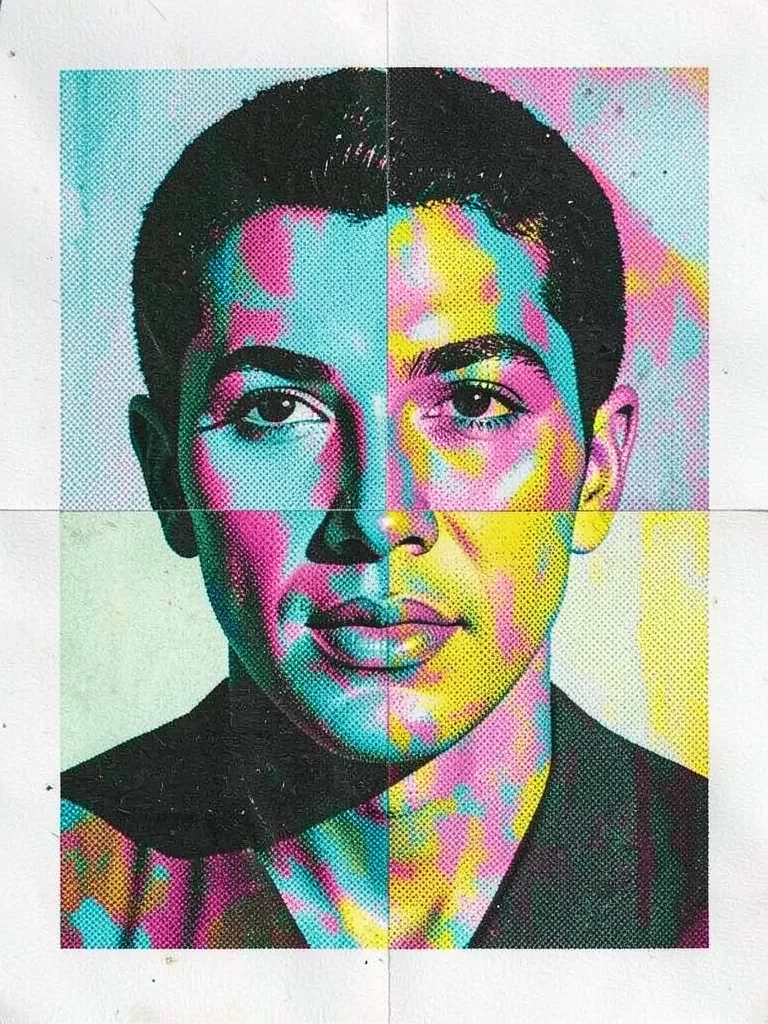 Screenprinted portrait with extreme misregistration, four color separations each