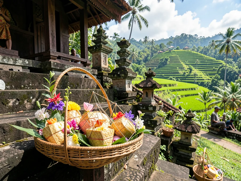 Canang sari offering on temple steps