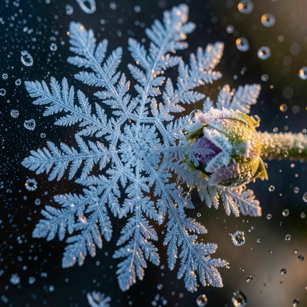 Last ice crystals melting on spring flower bud, macro detail of transition