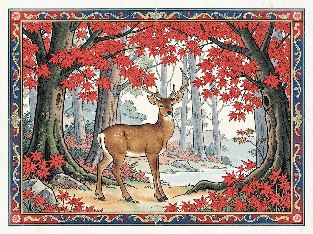 Deer in a forest glade beneath red maple leaves in autumn