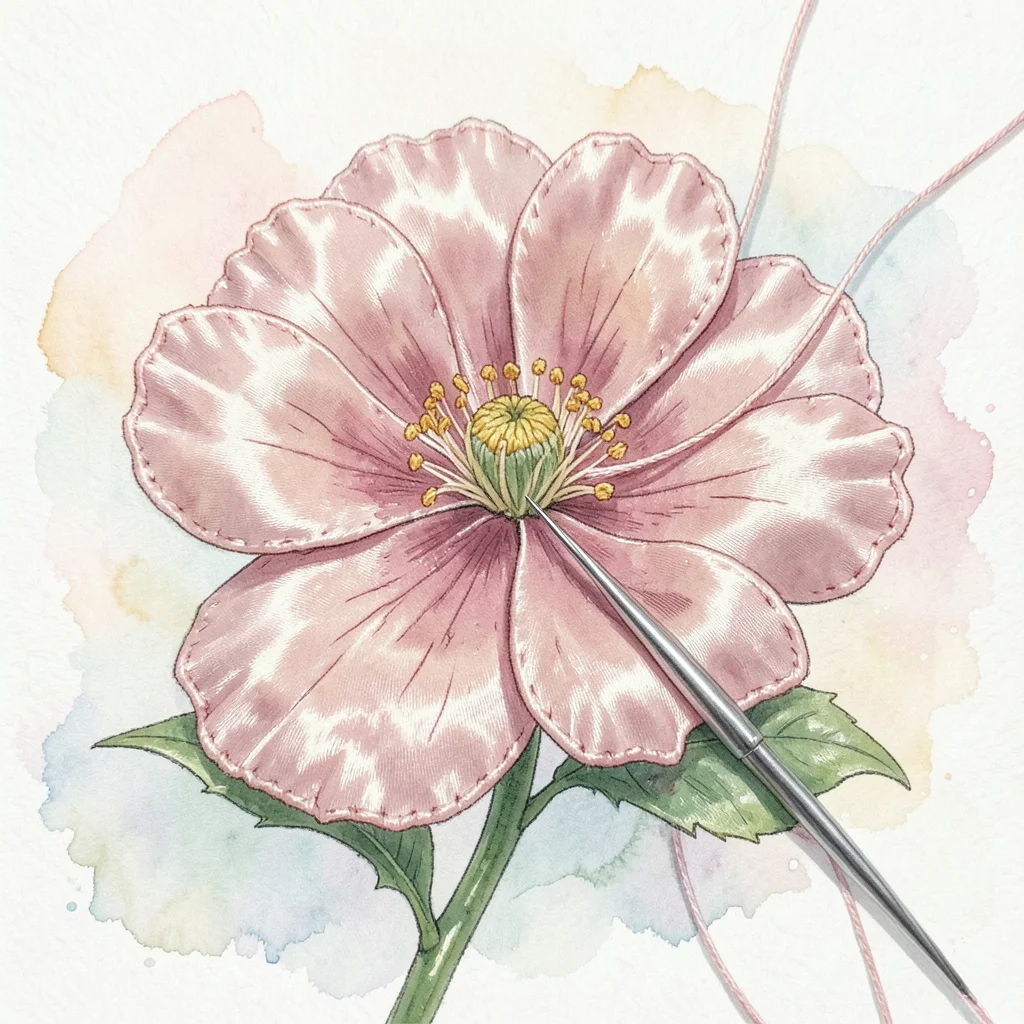 Flower photo where petals transition to satin stitch embroidery, needle and thre