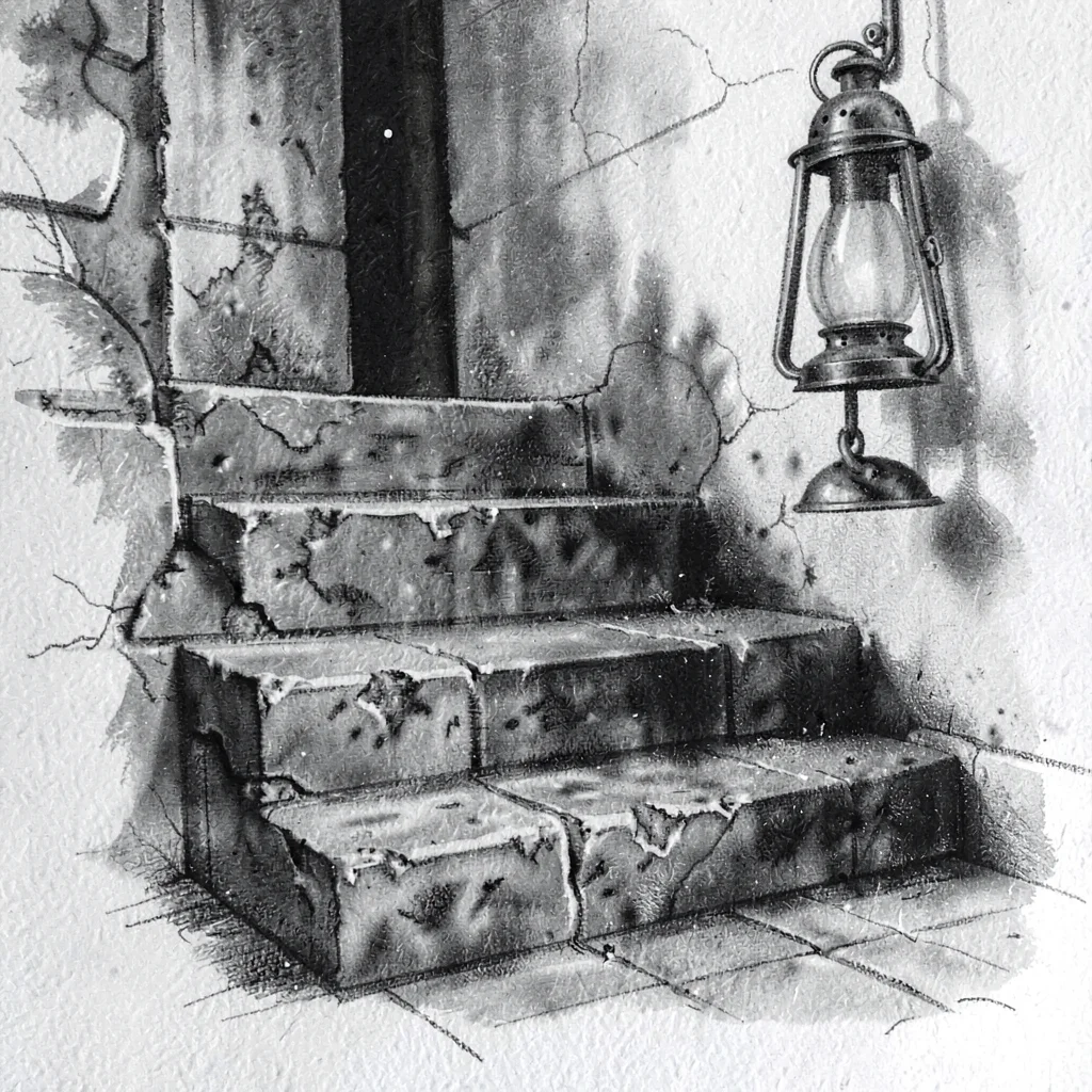 Charcoal study of a worn stone step with a lantern hanging beside