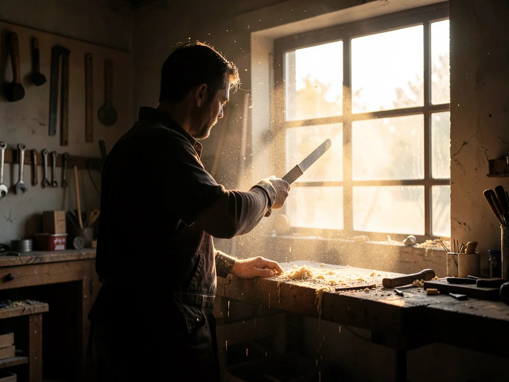 A woodworker in their workshop shot directly into the dusty window, sawdust susp