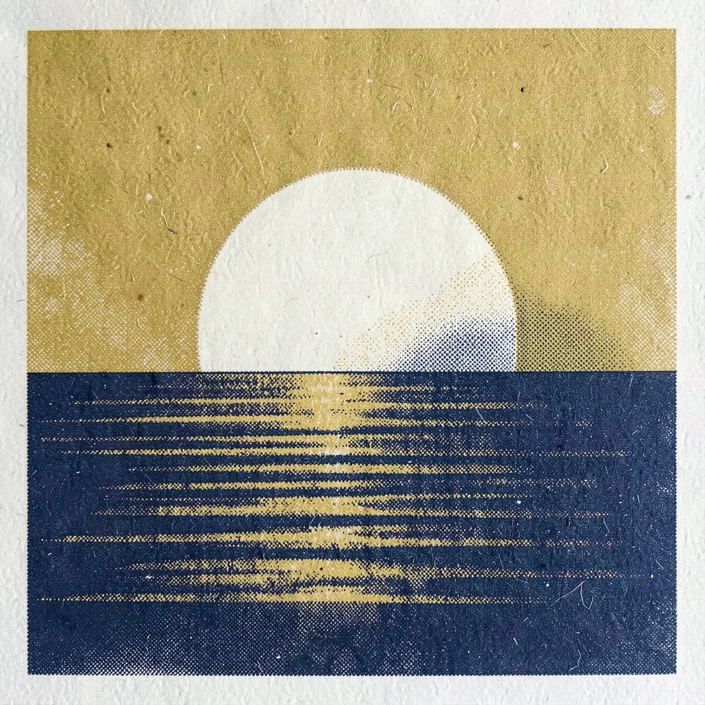 Riso art print of a halftone sun rising over halftone water in mustard and indig