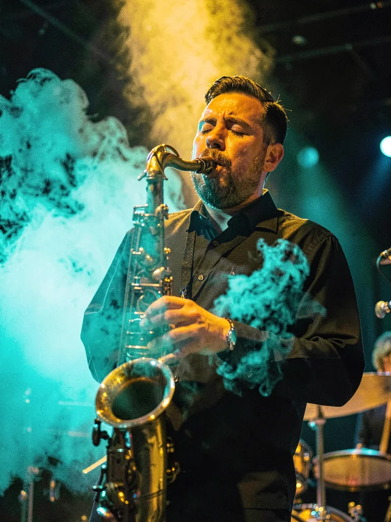 Saxophonist in smoky club, stage gel creating cyan fog, single warm spotlight bu