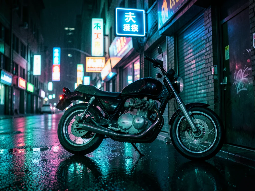 A motorcycle parked under a flickering blue neon sign, chrome catching the light