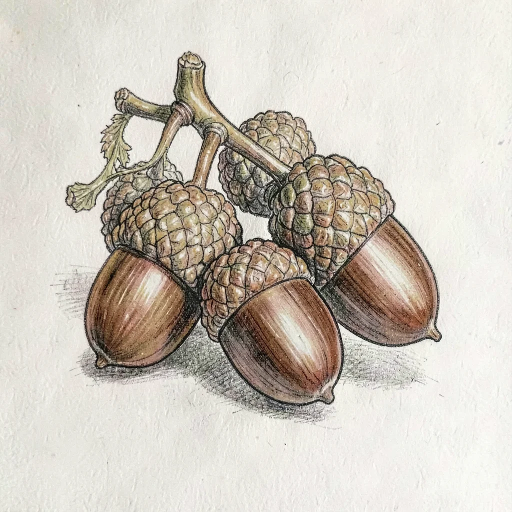 hand-drawn study of acorns and beechnuts with shell detail
