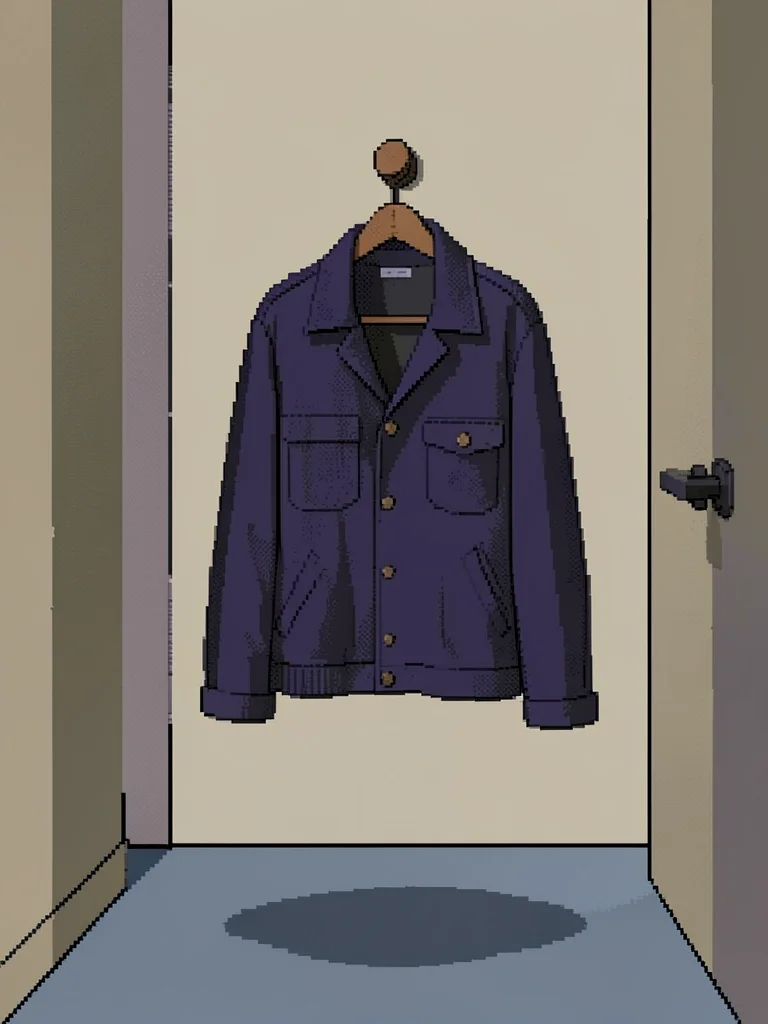One folded indigo work jacket hanging on a single wooden peg in a quiet entryway