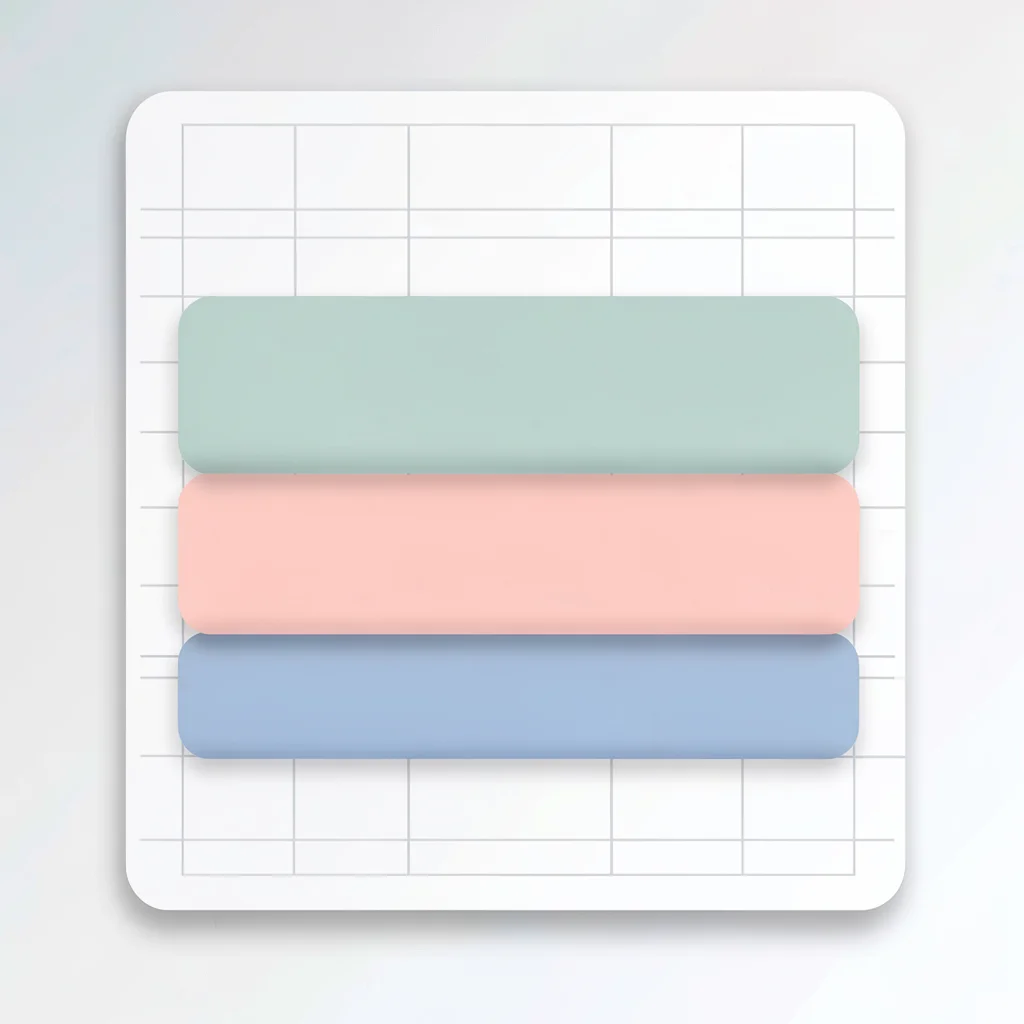 Overhead flat composition of a sentiment-chart UI tile, three stacked area ribbo