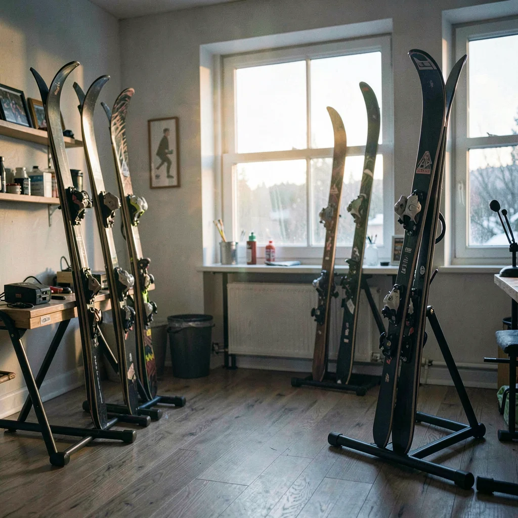 Atmospheric photo of a quiet ski-tuning room at dawn with skis on stands in cool