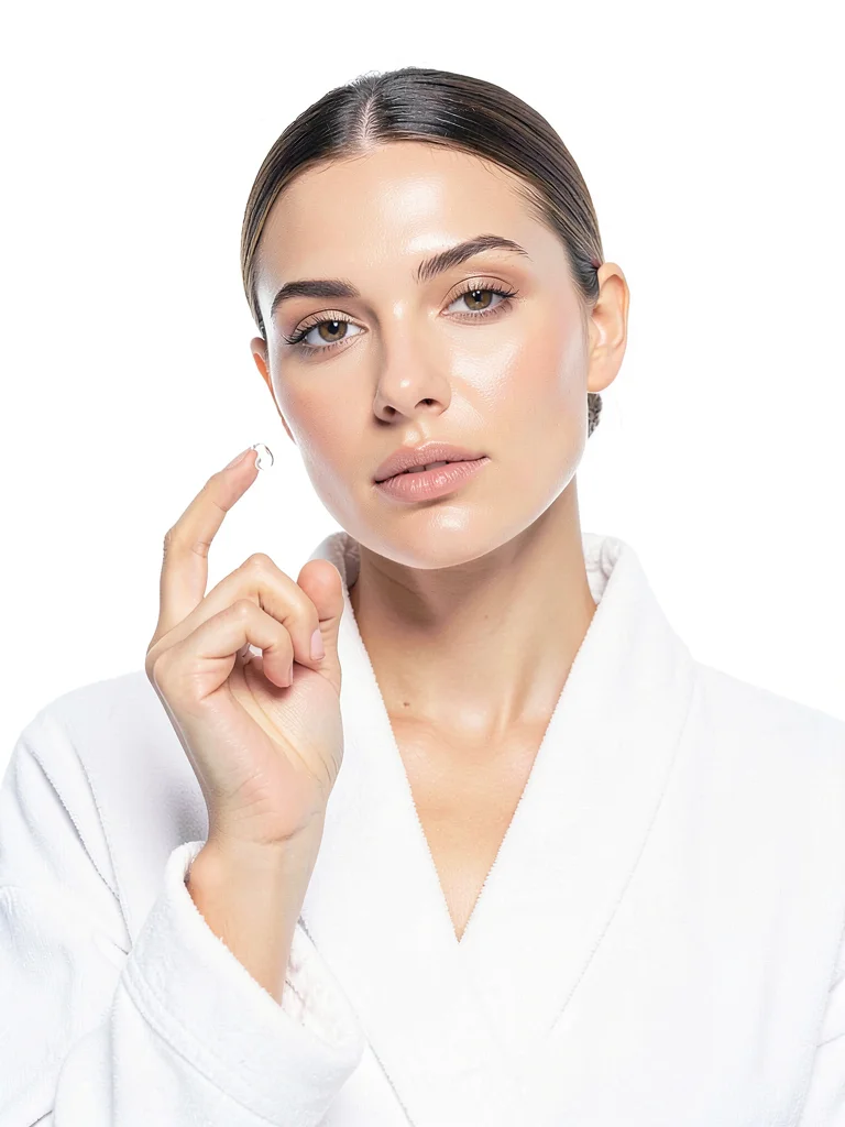 Model in white robe against white background, single serum drop on her fingertip