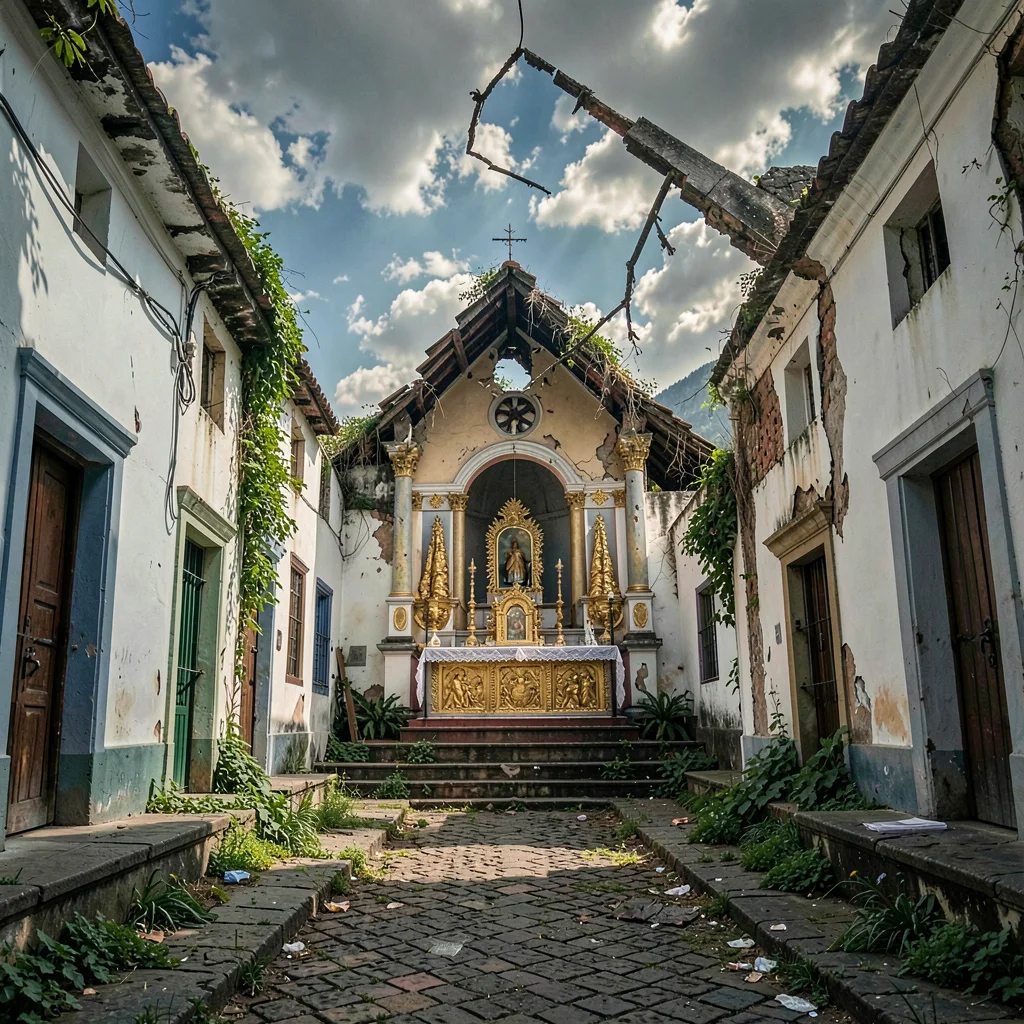 Volcano-framed colonial streets of Antigua Guatemala, Interior of a damaged chap