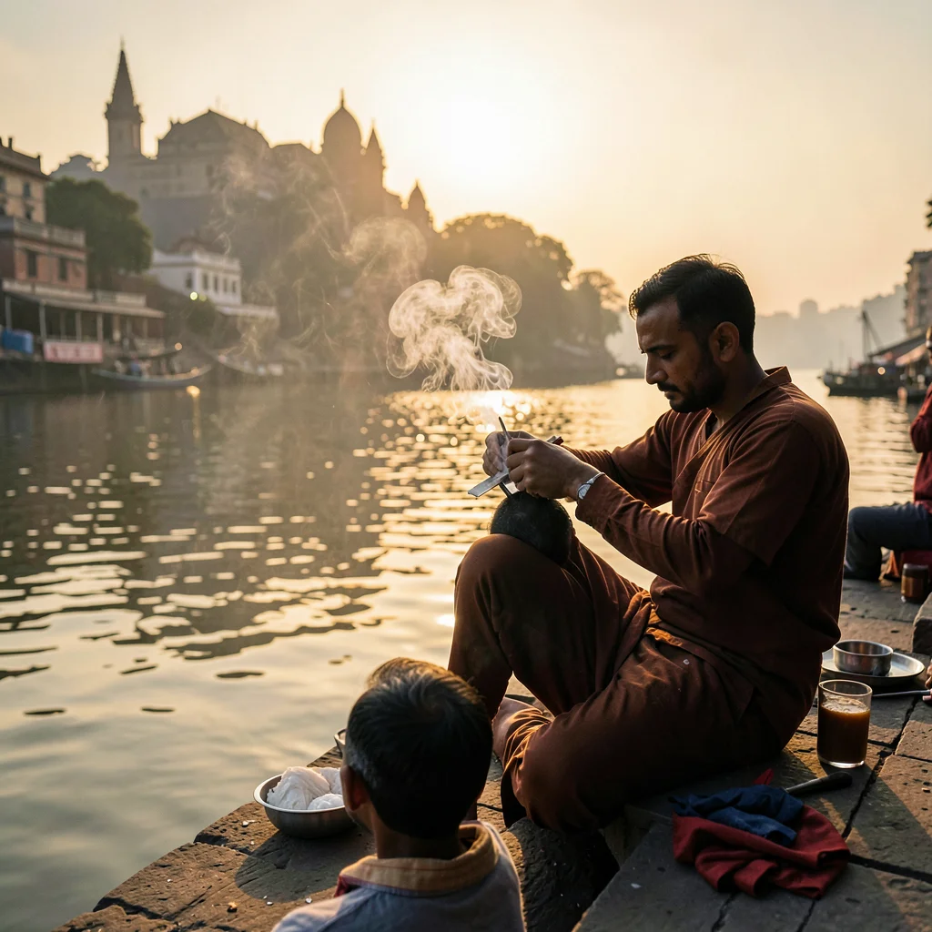 Sacred smoke catching golden Ganges light in Varanasi, Barber shaving pilgrim's 
