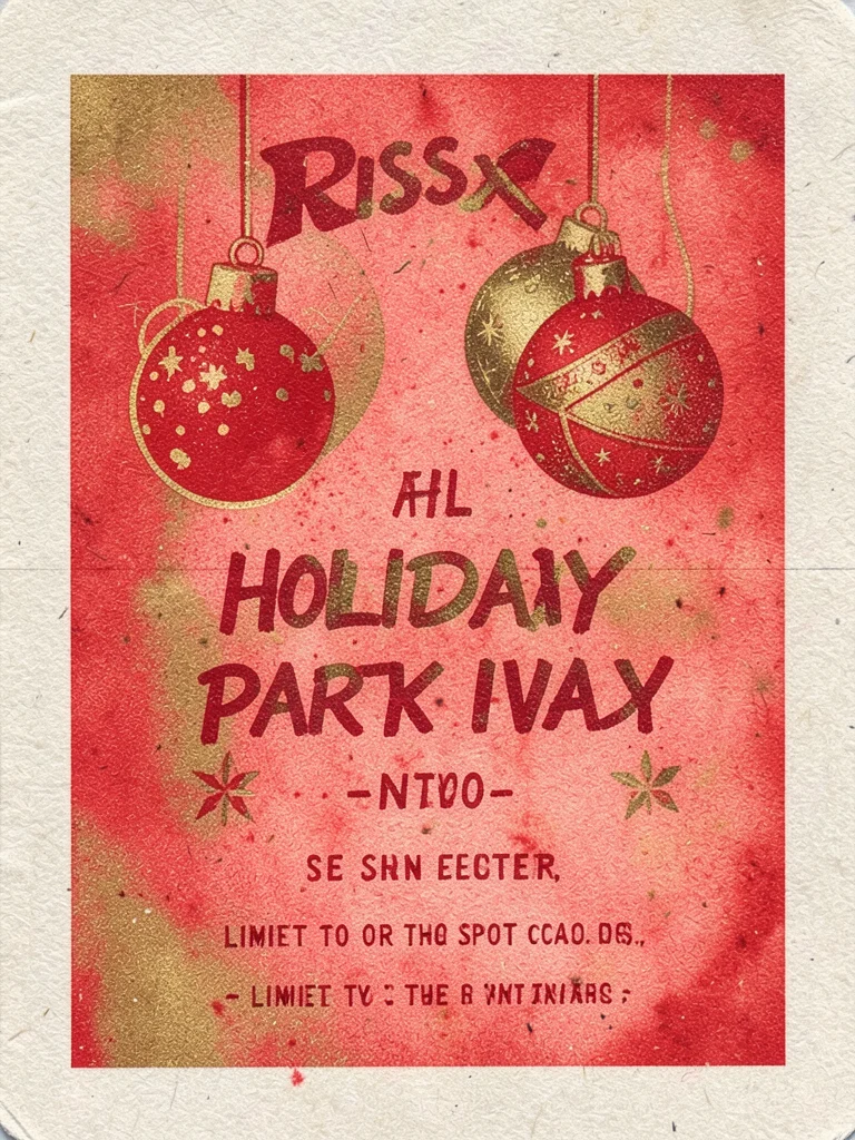 Holiday party invitation in riso print, ornament design, fluorescent red and gol