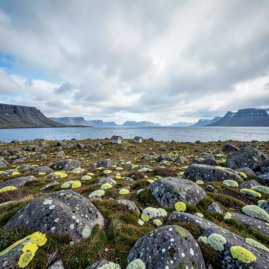Icelandic isolation, Westfjords remoteness, Lichen-covered boulder field stretch