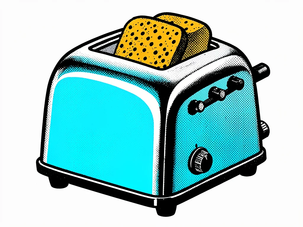 Vintage toaster with bread slots, flat chrome rendered in bold outline