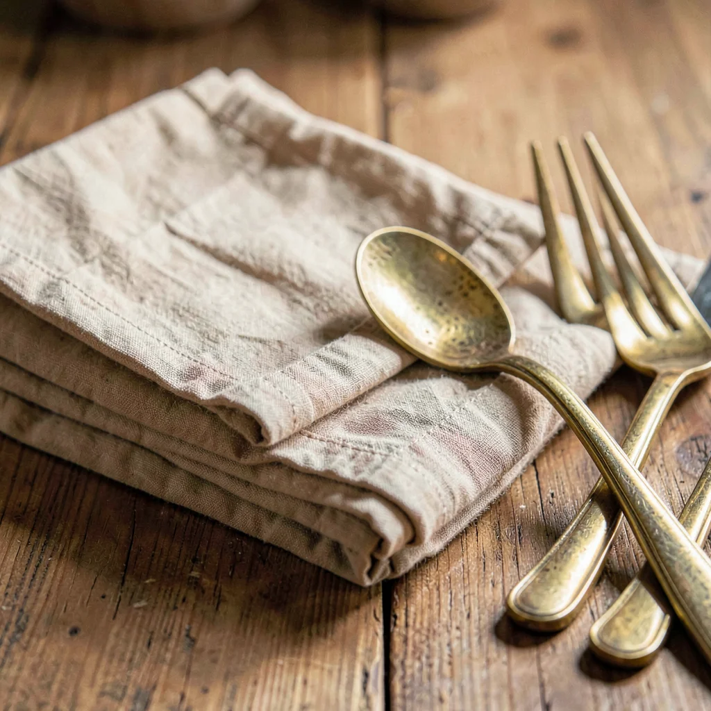 Warm still-life of a stack of folded linen napkins beside hammered brass cutlery