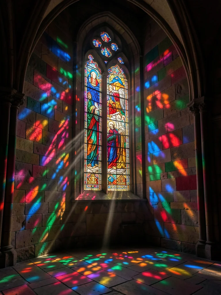 A Gothic church interior, light streaming through a tall lancet window, colored 