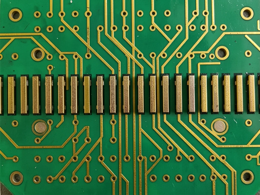 A close-up of a connector row on a PCB — gold-plated edge fingers in a repeating