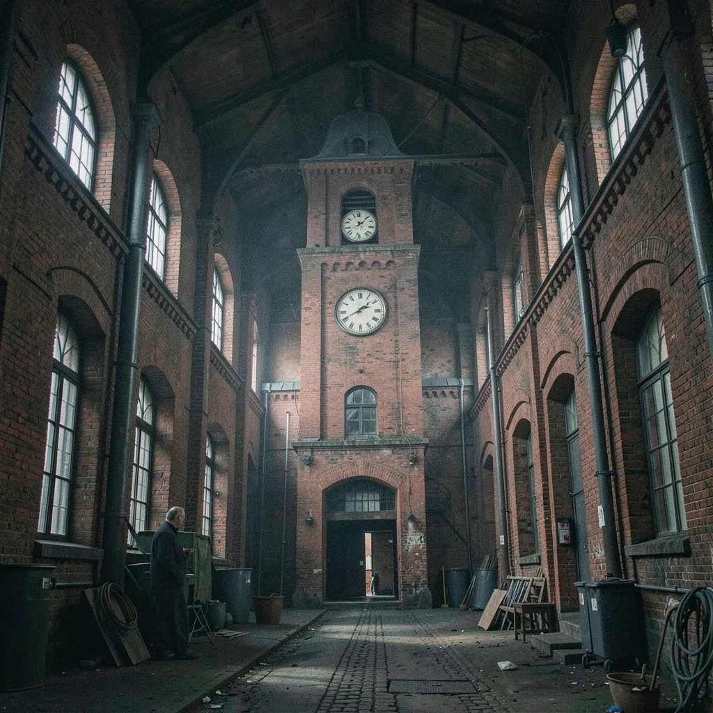 Textile factory ghosts in industrial Łódź, factory clock tower stopped at closin