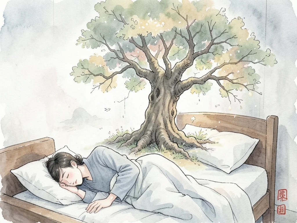 Person sleeping in bed, dream world growing like a tree from their pillow