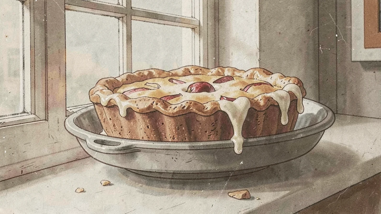 Casein illustration, apple pie cooling on windowsill , milk-based paint, vintage
